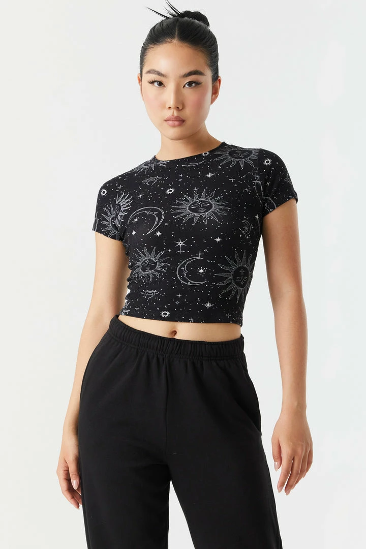 Stitches Ladies Soft Mystic Sun And Moon Print Cropped T-Shirt Tops 1 Stitches Ladies Soft Mystic Sun And Moon Print Cropped T-Shirt Tops