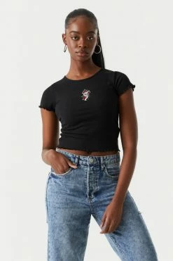 Stitches Ladies Tops Ribbed Embroidered Skull Graphic Lettuce Hem Cropped T-Shirt