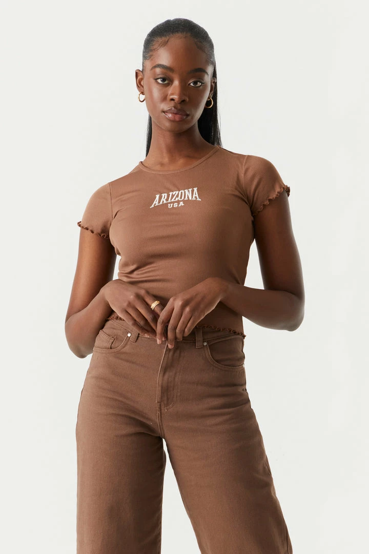 Stitches Ladies Ribbed Embroidered Arizona Graphic Lettuce Hem Cropped T-Shirt Tops 1 Stitches Ladies Ribbed Embroidered Arizona Graphic Lettuce Hem Cropped T-Shirt Tops