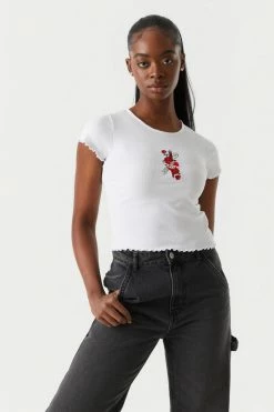 Stitches Ladies Ribbed Embroidered Dagger Heart Graphic Lettuce Hem Cropped T-Shirt Tops