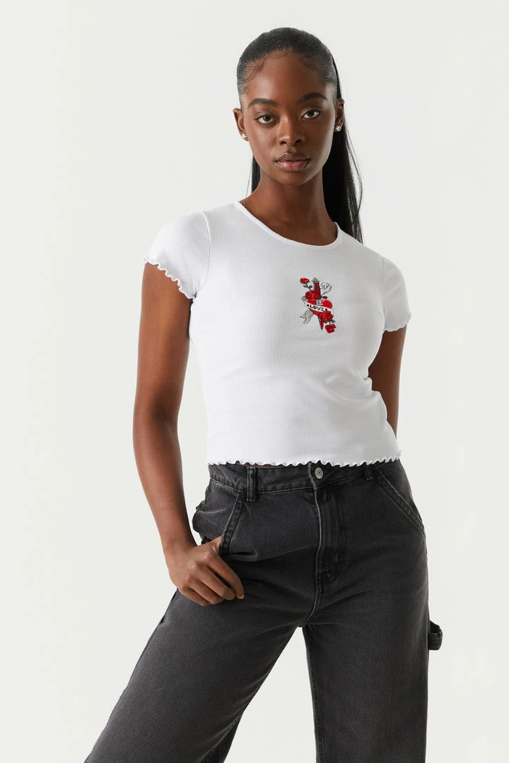 Stitches Ladies Ribbed Embroidered Dagger Heart Graphic Lettuce Hem Cropped T-Shirt Tops 1 Stitches Ladies Ribbed Embroidered Dagger Heart Graphic Lettuce Hem Cropped T-Shirt Tops