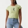 Stitches Ladies Ribbed Embroidered Dragon Graphic Lettuce Hem Cropped T-Shirt