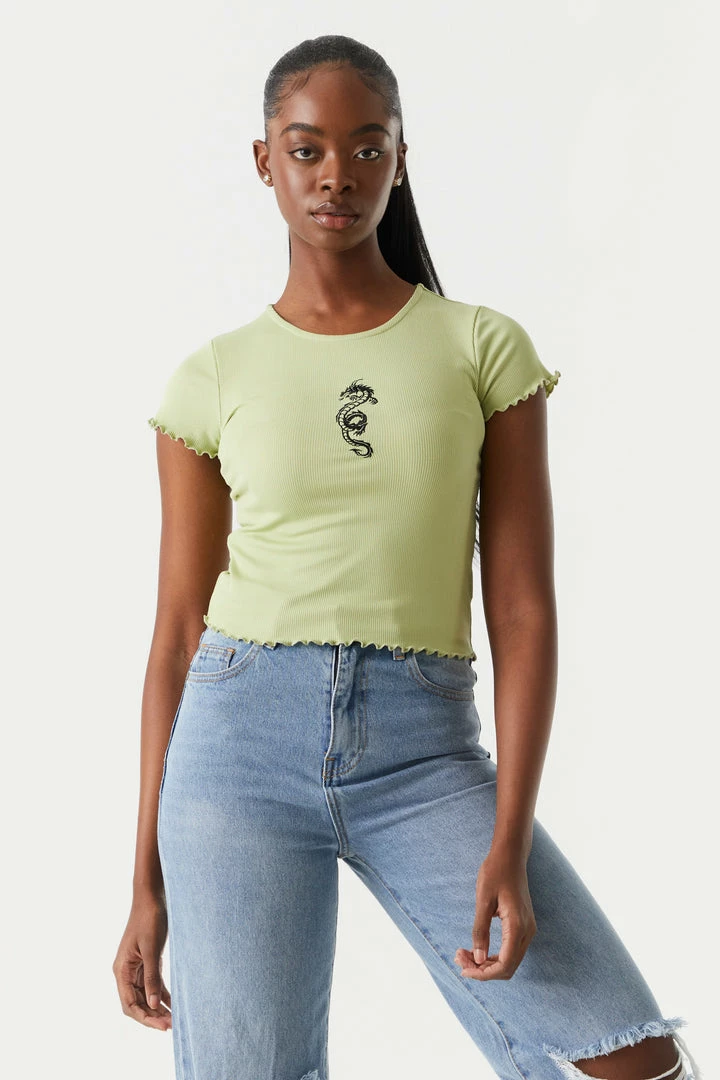 Stitches Ladies Ribbed Embroidered Dragon Graphic Lettuce Hem Cropped T-Shirt 1 Stitches Ladies Ribbed Embroidered Dragon Graphic Lettuce Hem Cropped T-Shirt