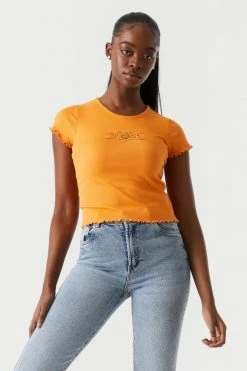 Stitches Ladies Ribbed Embroidered Sun And Moon Graphic Lettuce Hem Cropped T-Shirt Tops