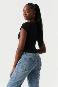 Stitches Ladies Tops Ribbed Embroidered Skull Graphic Lettuce Hem Cropped T-Shirt