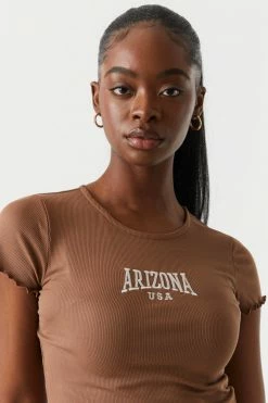 Stitches Ladies Ribbed Embroidered Arizona Graphic Lettuce Hem Cropped T-Shirt Tops