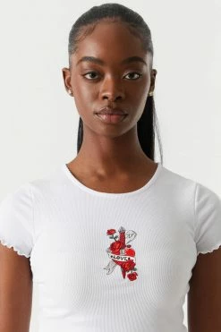 Stitches Ladies Ribbed Embroidered Dagger Heart Graphic Lettuce Hem Cropped T-Shirt Tops