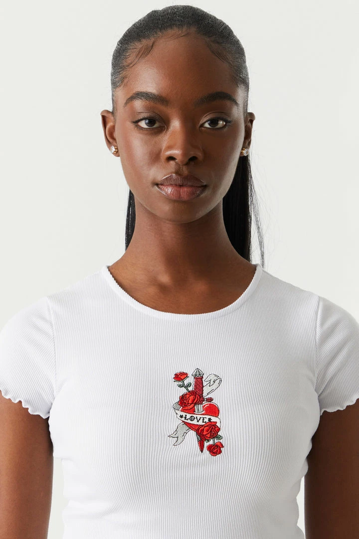 Stitches Ladies Ribbed Embroidered Dagger Heart Graphic Lettuce Hem Cropped T-Shirt Tops 2 Stitches Ladies Ribbed Embroidered Dagger Heart Graphic Lettuce Hem Cropped T-Shirt Tops