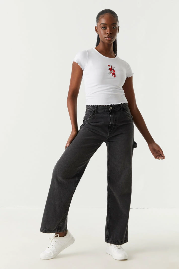 Stitches Ladies Ribbed Embroidered Dagger Heart Graphic Lettuce Hem Cropped T-Shirt Tops 4 Stitches Ladies Ribbed Embroidered Dagger Heart Graphic Lettuce Hem Cropped T-Shirt Tops