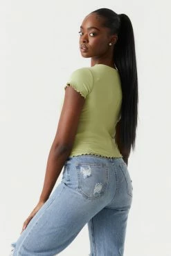 Stitches Ladies Ribbed Embroidered Dragon Graphic Lettuce Hem Cropped T-Shirt 6 Stitches Ladies Ribbed Embroidered Dragon Graphic Lettuce Hem Cropped T-Shirt