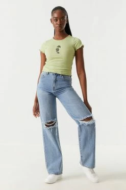 Stitches Ladies Ribbed Embroidered Dragon Graphic Lettuce Hem Cropped T-Shirt 7 Stitches Ladies Ribbed Embroidered Dragon Graphic Lettuce Hem Cropped T-Shirt