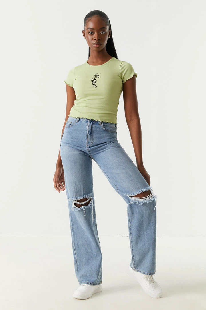 Stitches Ladies Ribbed Embroidered Dragon Graphic Lettuce Hem Cropped T-Shirt 4 Stitches Ladies Ribbed Embroidered Dragon Graphic Lettuce Hem Cropped T-Shirt