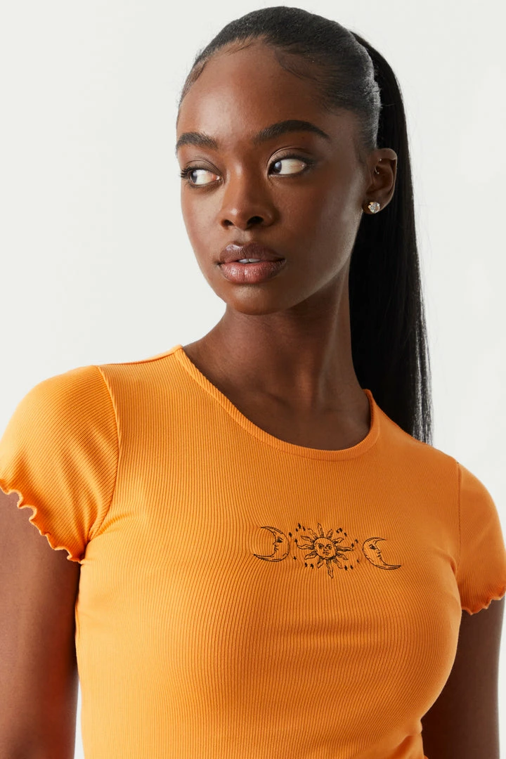Stitches Ladies Ribbed Embroidered Sun And Moon Graphic Lettuce Hem Cropped T-Shirt Tops 2 Stitches Ladies Ribbed Embroidered Sun And Moon Graphic Lettuce Hem Cropped T-Shirt Tops
