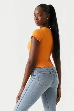 Stitches Ladies Ribbed Embroidered Sun And Moon Graphic Lettuce Hem Cropped T-Shirt Tops 6 Stitches Ladies Ribbed Embroidered Sun And Moon Graphic Lettuce Hem Cropped T-Shirt Tops