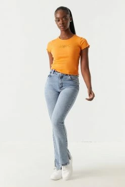 Stitches Ladies Ribbed Embroidered Sun And Moon Graphic Lettuce Hem Cropped T-Shirt Tops 7 Stitches Ladies Ribbed Embroidered Sun And Moon Graphic Lettuce Hem Cropped T-Shirt Tops