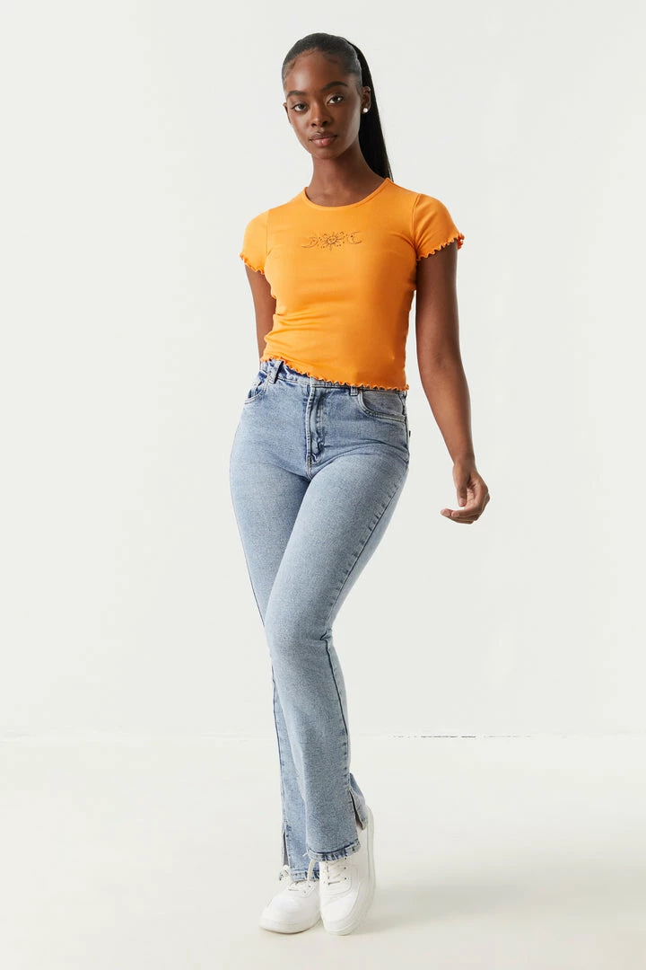 Stitches Ladies Ribbed Embroidered Sun And Moon Graphic Lettuce Hem Cropped T-Shirt Tops 4 Stitches Ladies Ribbed Embroidered Sun And Moon Graphic Lettuce Hem Cropped T-Shirt Tops