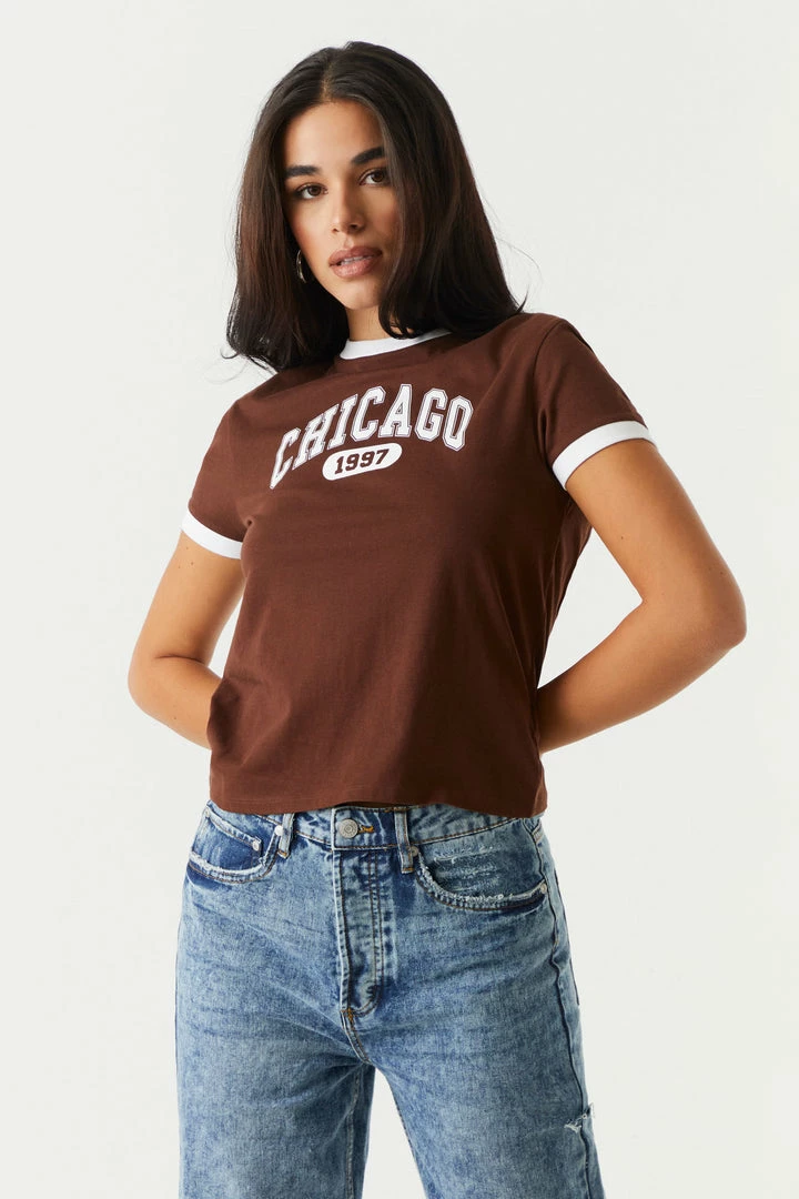 Stitches Ladies Chicago Graphic Ringer T-Shirt 1 Stitches Ladies Chicago Graphic Ringer T-Shirt