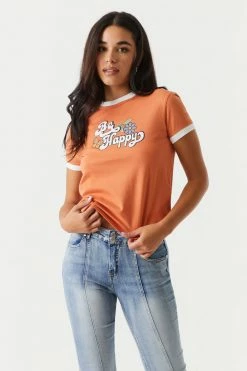 Stitches Ladies Tops Be Happy Graphic Ringer T-Shirt