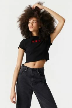 Stitches Ladies Tops Embroidered Hearts Graphic Lettuce Hem Cropped T-Shirt