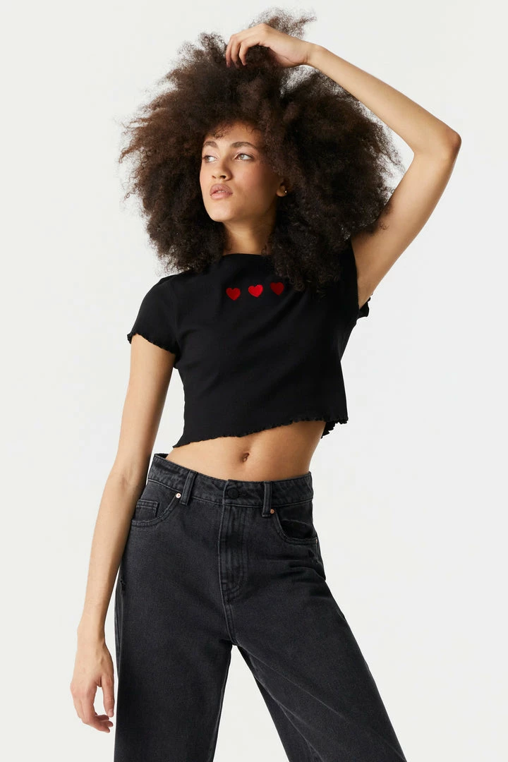 Stitches Ladies Tops Embroidered Hearts Graphic Lettuce Hem Cropped T-Shirt 1 Stitches Ladies Tops Embroidered Hearts Graphic Lettuce Hem Cropped T-Shirt