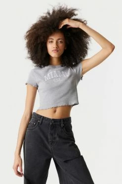 Stitches Ladies Tops Embroidered Miami Graphic Lettuce Hem Cropped T-Shirt