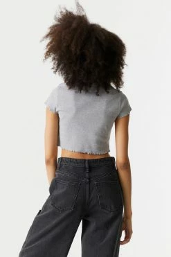 Stitches Ladies Tops Embroidered Miami Graphic Lettuce Hem Cropped T-Shirt