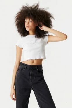 Stitches Ladies Tops Rhinestone Flaming Heart Graphic Lettuce Hem Cropped T-Shirt