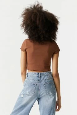 Stitches Ladies Embroidered Butterfly Tattoo Graphic Lettuce Hem Cropped T-Shirt Tops