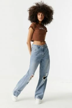 Stitches Ladies Embroidered Butterfly Tattoo Graphic Lettuce Hem Cropped T-Shirt Tops