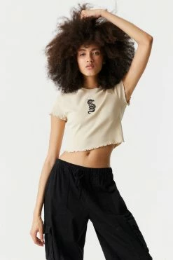 Stitches Ladies Tops Embroidered Dragon Graphic Lettuce Hem Cropped T-Shirt