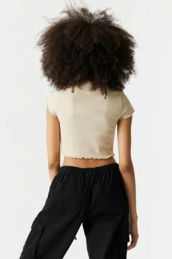 Stitches Ladies Tops Embroidered Dragon Graphic Lettuce Hem Cropped T-Shirt