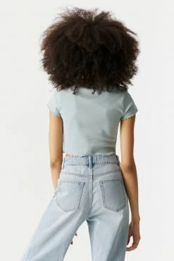 Stitches Ladies Embroidered Angel Graphic Lettuce Hem Cropped T-Shirt Tops