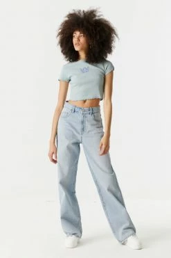 Stitches Ladies Embroidered Angel Graphic Lettuce Hem Cropped T-Shirt Tops