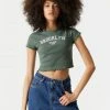 Stitches Ladies Tops Embroidered Brooklyn Graphic Lettuce Hem Cropped T-Shirt