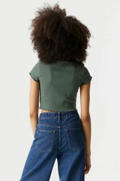 Stitches Ladies Tops Embroidered Brooklyn Graphic Lettuce Hem Cropped T-Shirt