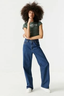 Stitches Ladies Tops Embroidered Brooklyn Graphic Lettuce Hem Cropped T-Shirt