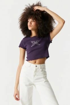 Stitches Ladies Tops Rhinestone Butterfly Graphic Lettuce Hem Cropped T-Shirt