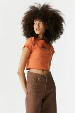 Stitches Ladies Tops Embroidered Mushroom Graphic Lettuce Hem Cropped T-Shirt