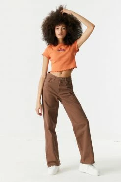 Stitches Ladies Tops Embroidered Mushroom Graphic Lettuce Hem Cropped T-Shirt