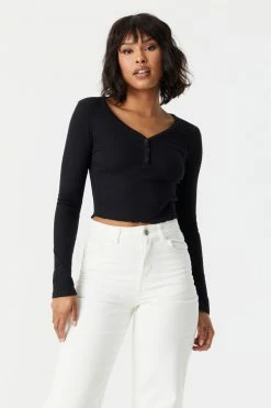 Stitches Ladies Tops Ribbed Lettuce Hem Cropped Henley Top