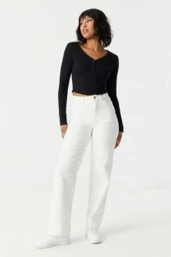 Stitches Ladies Tops Ribbed Lettuce Hem Cropped Henley Top