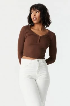 Stitches Ladies Tops Ribbed Lettuce Hem Cropped Henley Top