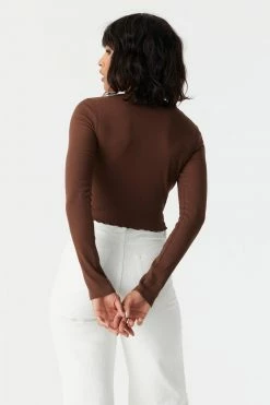 Stitches Ladies Tops Ribbed Lettuce Hem Cropped Henley Top