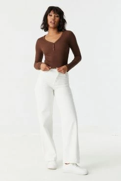 Stitches Ladies Tops Ribbed Lettuce Hem Cropped Henley Top