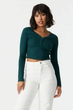 Stitches Ladies Tops Ribbed Lettuce Hem Cropped Henley Top