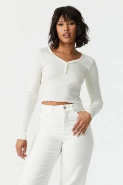 Stitches Ladies Tops Ribbed Lettuce Hem Cropped Henley Top