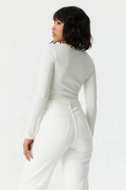 Stitches Ladies Tops Ribbed Lettuce Hem Cropped Henley Top