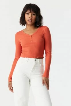 Stitches Ladies Tops Ribbed Lettuce Hem Cropped Henley Top