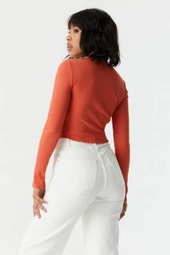 Stitches Ladies Tops Ribbed Lettuce Hem Cropped Henley Top