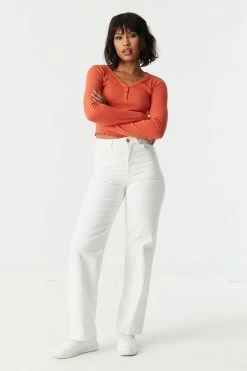 Stitches Ladies Tops Ribbed Lettuce Hem Cropped Henley Top